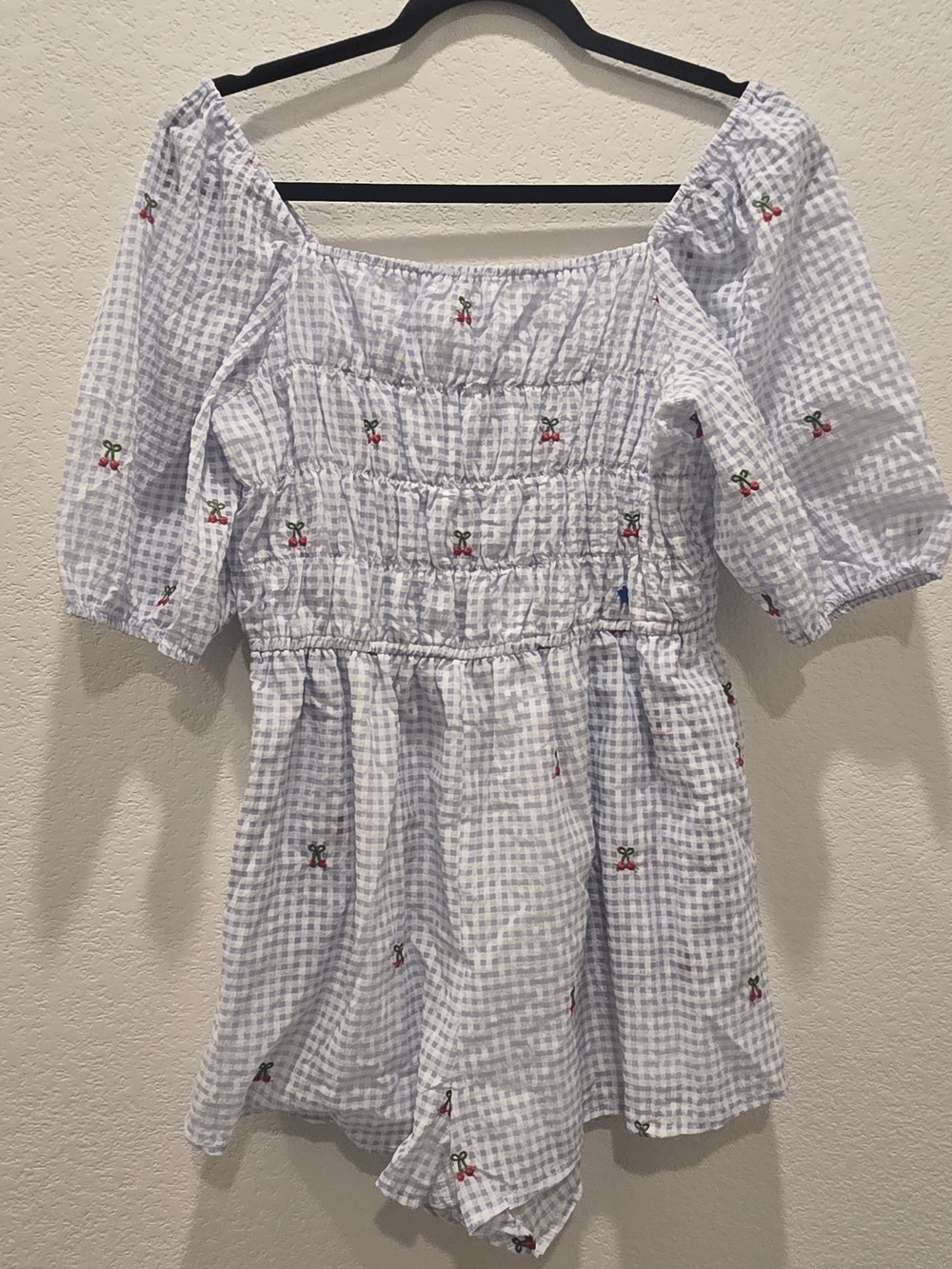 New Cloud Ten Blue Gingham Smocked Jumpsuit with Embroidered Cherries
